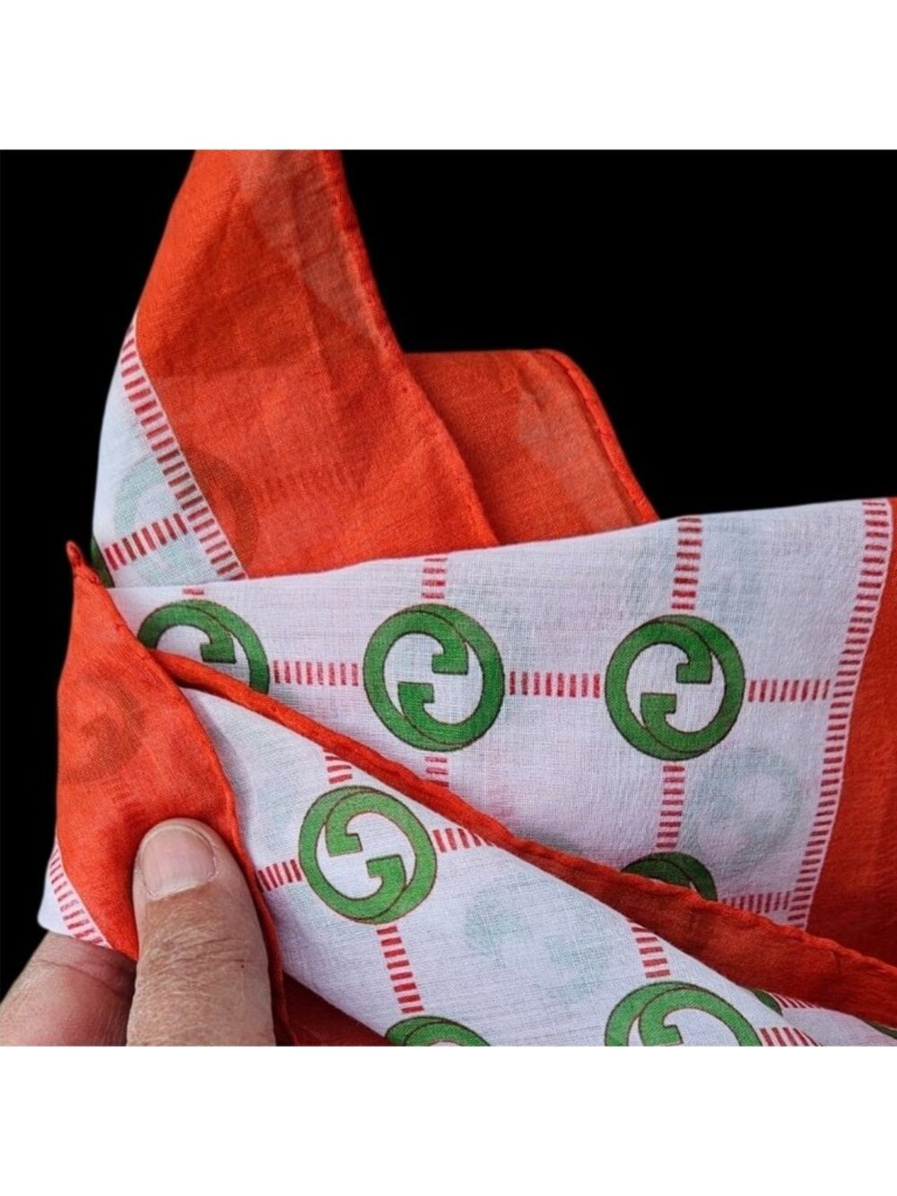 Vintage Gucci GG Logo Cotton Scarf Handkerchief Set 2 Orange Green White Italy - Picture 2 of 11